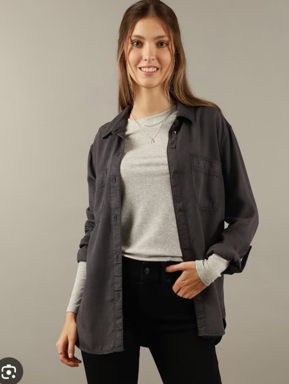 ROCK & REPUBLIC Charcoal Grey Women’s Overshirt Top - Classic Button-Up Size L
